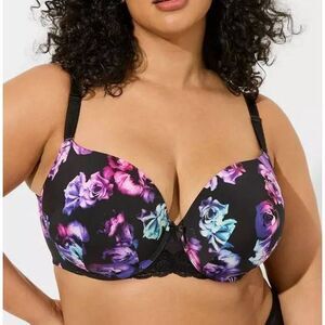 Torrid Perfect T boost pushup bra midnight roses black pink purple 40 DDD